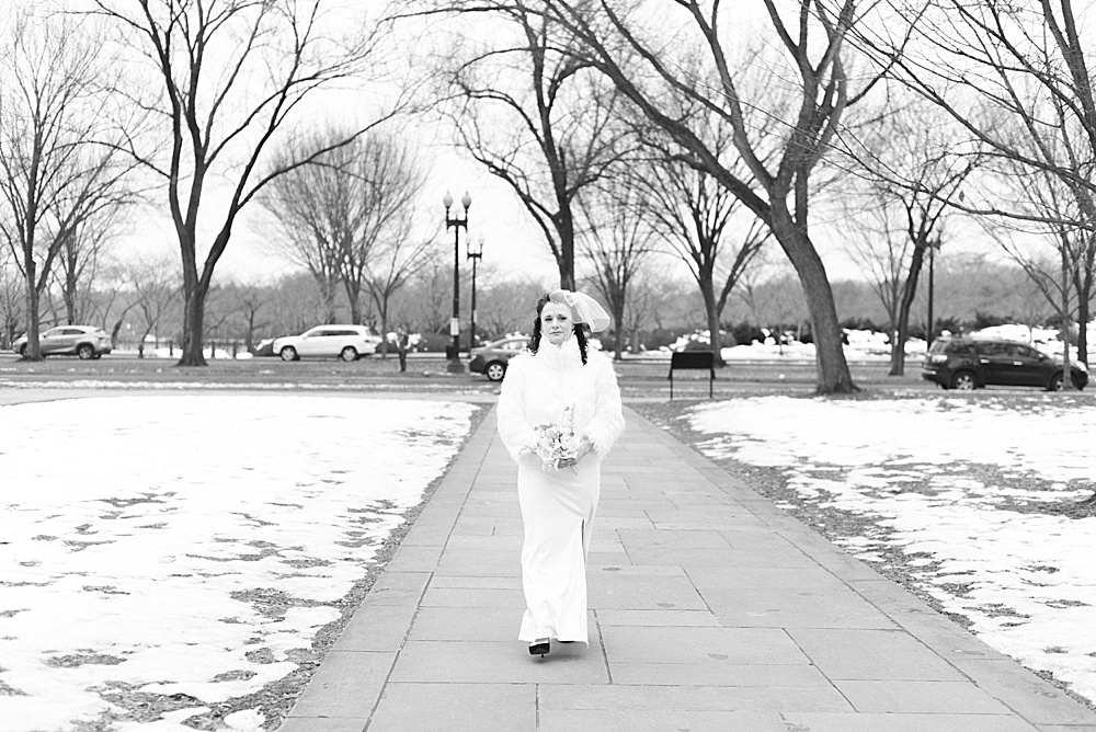 Bride walking to her DC war memorial wedding
